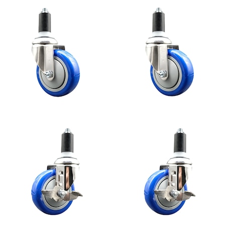 4 Inch 316SS Blue Poly Swivel 1-3/8 Inch Expanding Stem Caster Brake SCC, 2PK